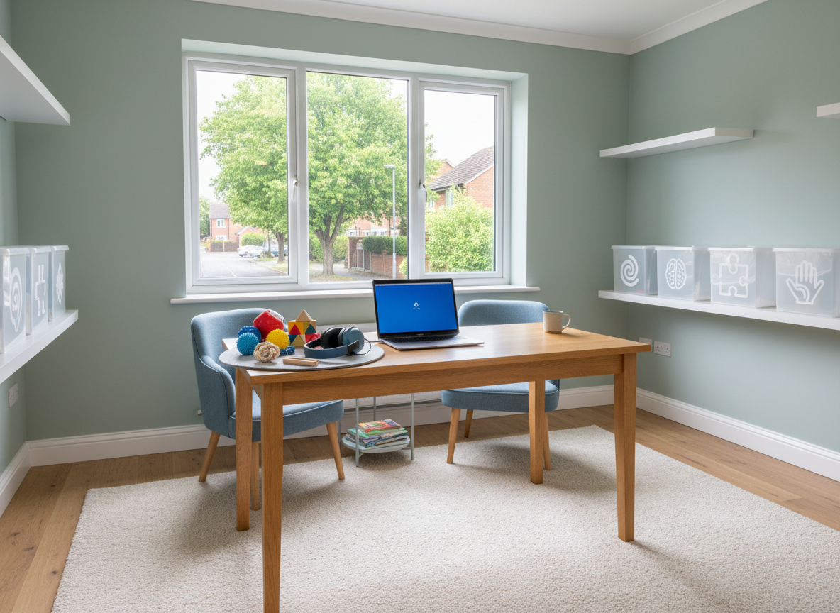 A calm, well-organized learning space designed for SEND-focused coaching, with a sturdy light-oak desk supporting a neatly arranged laptop, colourful tactile learning tools, and noise-cancelling headphones resting on a soft felt mat. The room looks out over a leafy Watford residential street through a large double-glazed window. Soft, overcast daylight fills the room, creating gentle, even illumination and minimal shadows. On shelves, clear storage boxes with visual symbols suggest different support needs without readable text. Photographic realism, shot at eye level with a slight wide-angle view to show the entire environment. The mood is reassuring, professional, and inclusive, with a clean, modern aesthetic and muted blues and greens that feel calm and supportive.